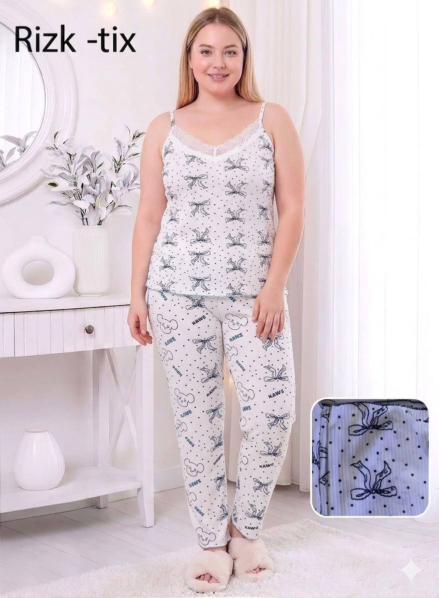 طقم لانجري بيجاما "نجوم الليل" - قطعتين مضلع بفيونكة بيضاء