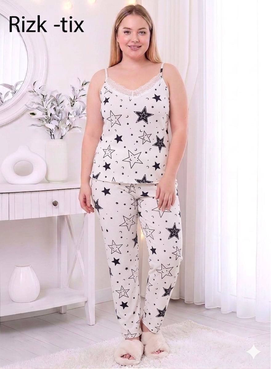 طقم لانجري بيجاما "نجوم الليل" - قطعتين مضلع بفيونكة بيضاء