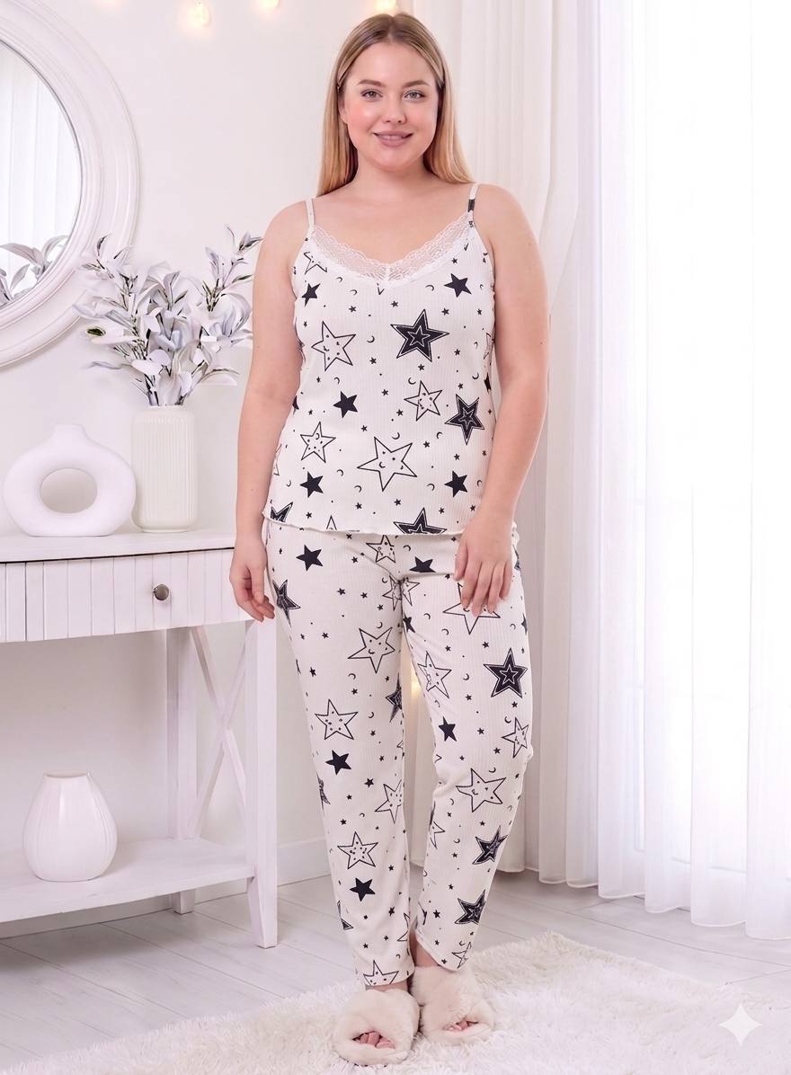 طقم لانجري بيجاما "نجوم الليل" - قطعتين مضلع بفيونكة بيضاء
