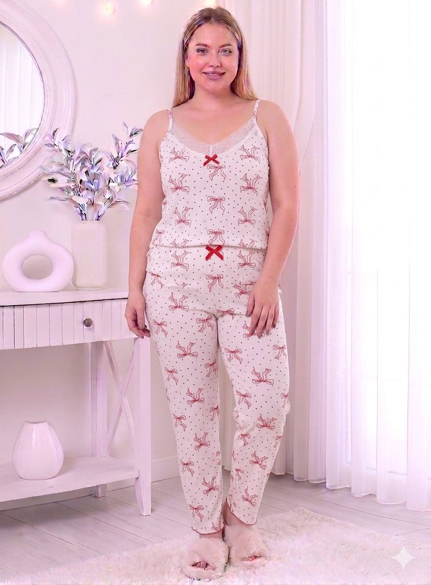 طقم لانجري بيجاما "نجوم الليل" - قطعتين مضلع بفيونكة بيضاء