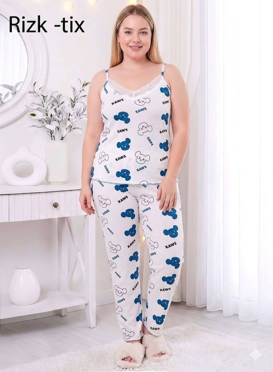 طقم لانجري بيجاما "نجوم الليل" - قطعتين مضلع بفيونكة بيضاء